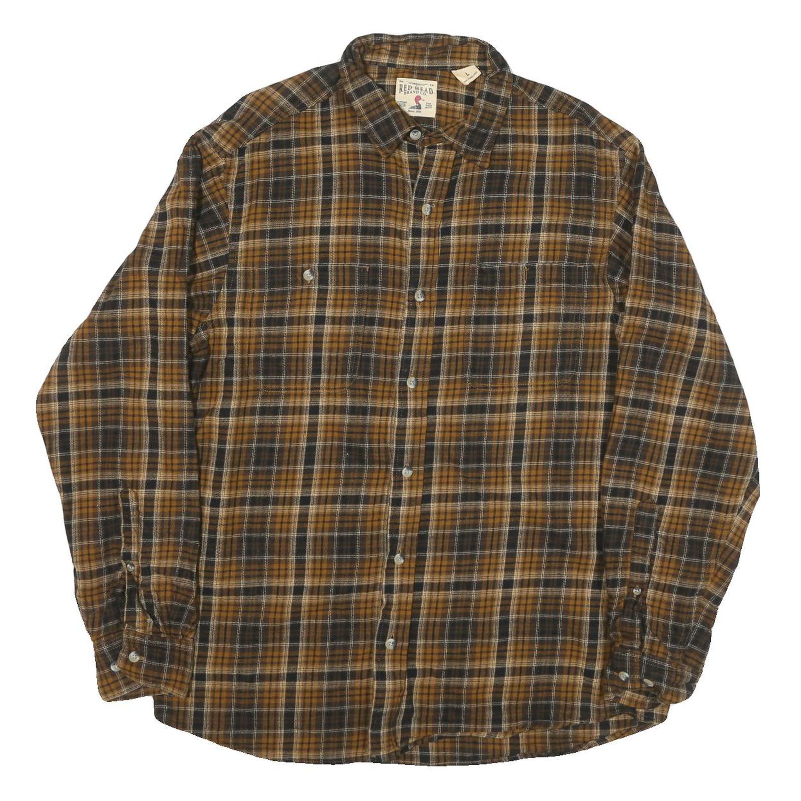REDHEAD Mens Brown & Black Check Long Sleeve Shirt L Cotton Blend Casual