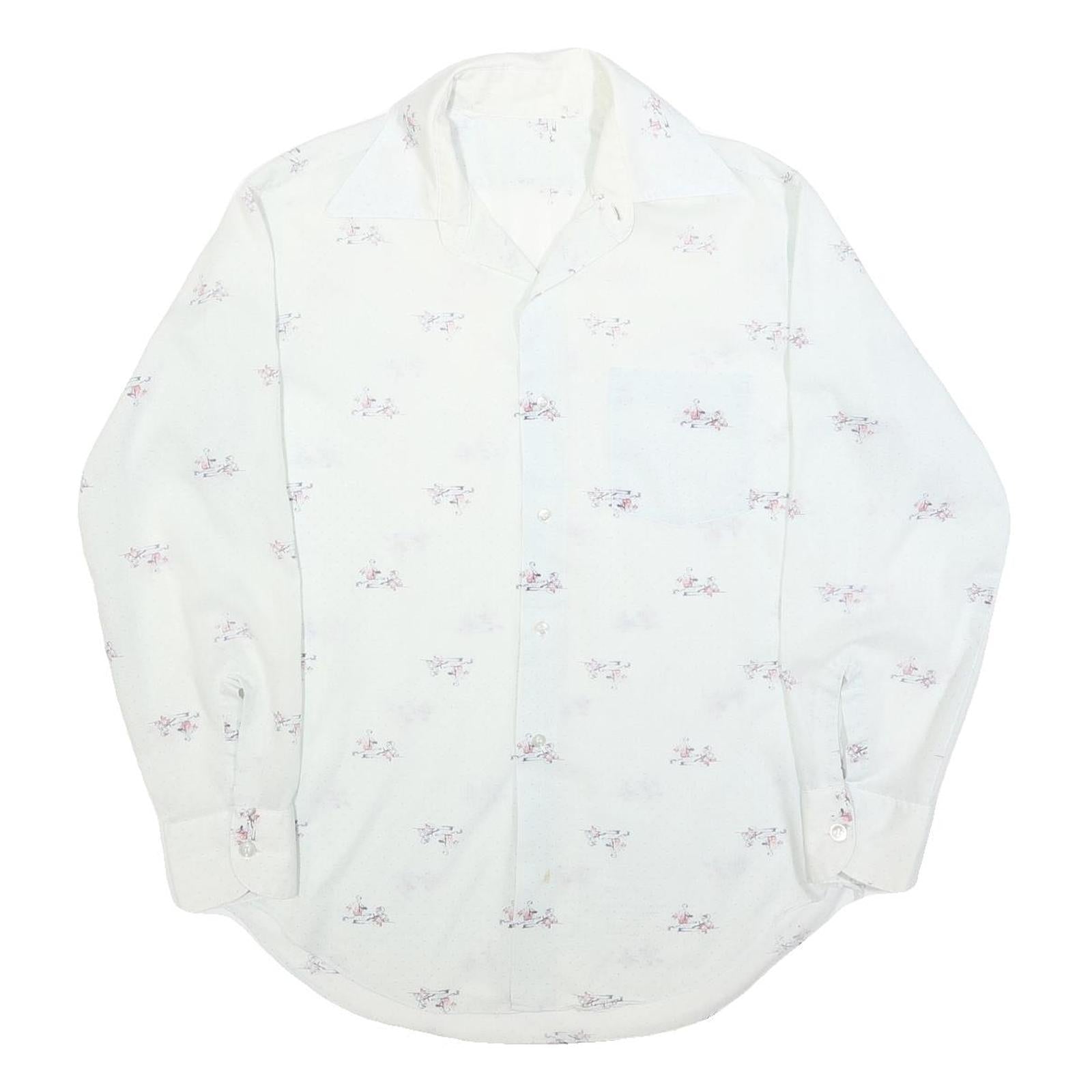 Mens White Cotton Blend Shirt L Long Sleeve Button Casual Printed Design