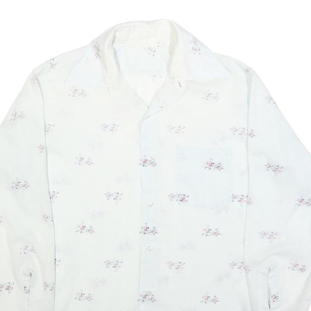 Mens White Cotton Blend Shirt L Long Sleeve Button Casual Printed Design