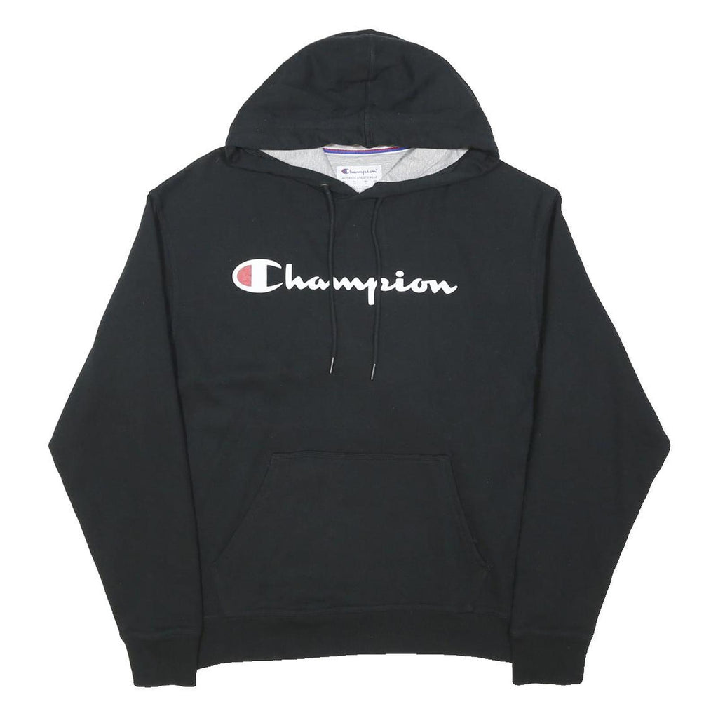 CHAMPION Mens Black Hoodie L Cotton Pullover Sweatshirt Classic Logo Casual