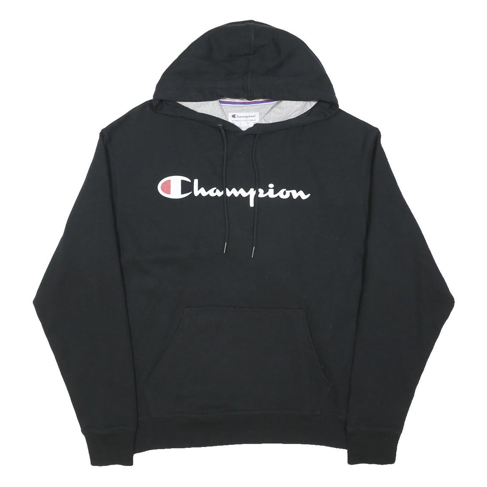 CHAMPION Mens Black Hoodie L Cotton Pullover Sweatshirt Classic Logo Casual