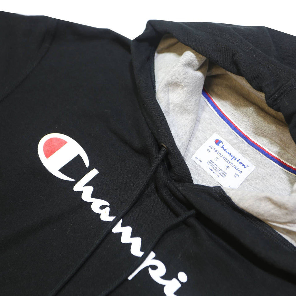 CHAMPION Mens Black Hoodie L Cotton Pullover Sweatshirt Classic Logo Casual