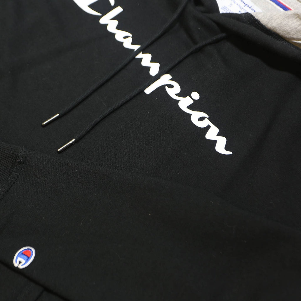 CHAMPION Mens Black Hoodie L Cotton Pullover Sweatshirt Classic Logo Casual