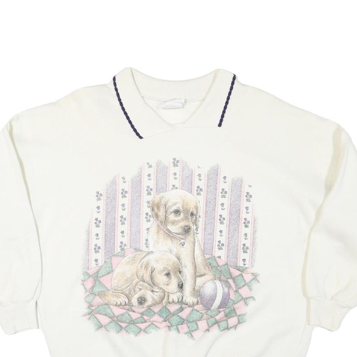 CRYSTAL GIRAFFE Womens White Puppy Graphic Collar S Cotton Blend Sweatshirt