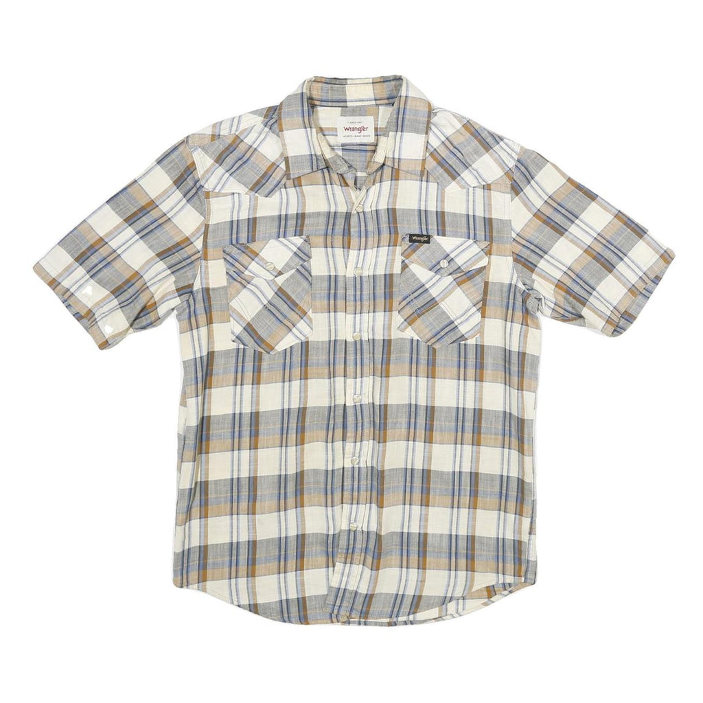 WRANGLER Mens Beige & Blue Checked Shirt S Cotton Short Sleeve Casual Western