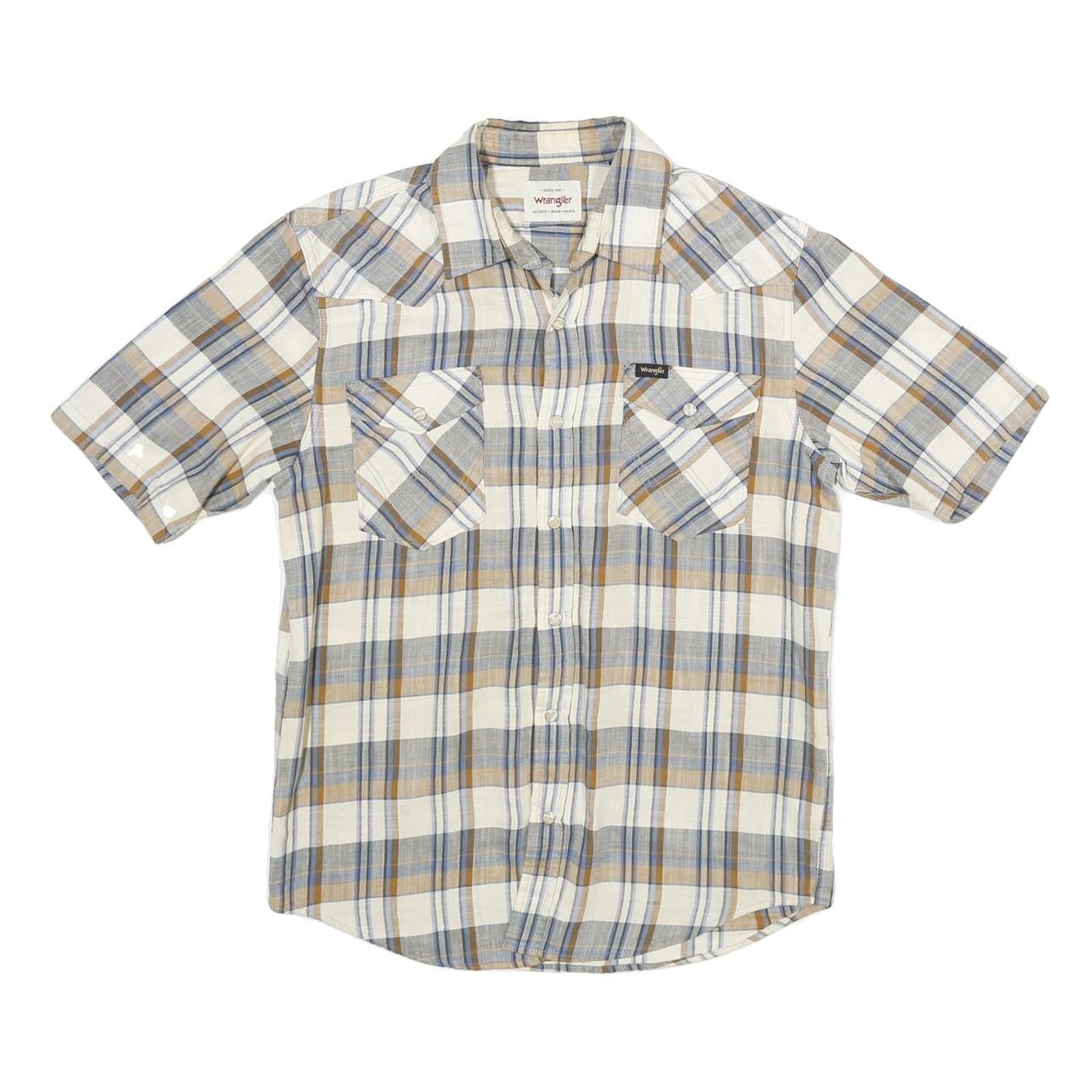 WRANGLER Mens Beige & Blue Checked Shirt S Cotton Short Sleeve Casual Western
