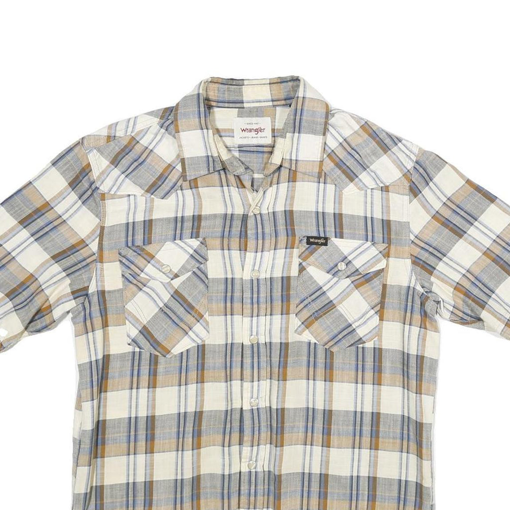 WRANGLER Mens Beige & Blue Checked Shirt S Cotton Short Sleeve Casual Western
