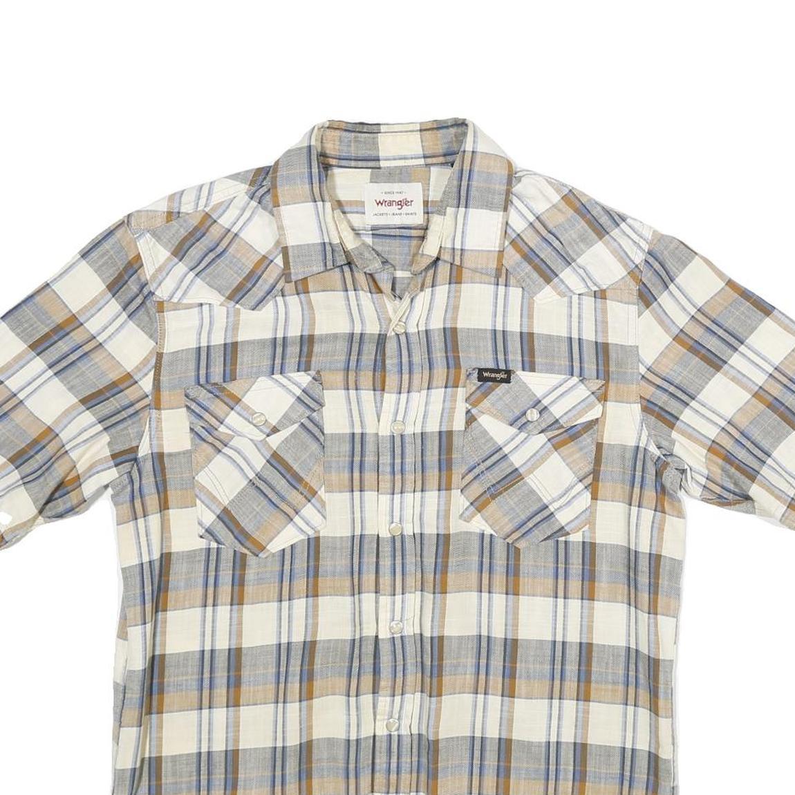 WRANGLER Mens Beige & Blue Checked Shirt S Cotton Short Sleeve Casual Western