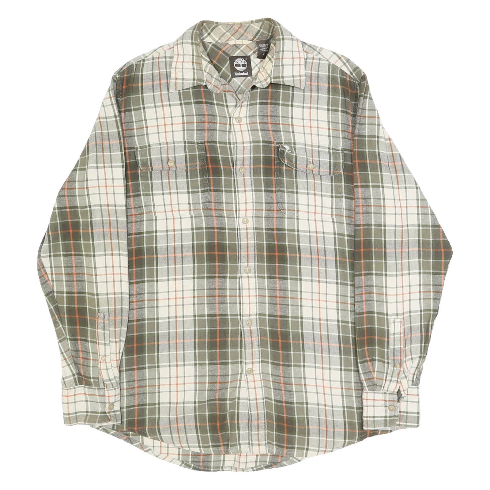 TIMBERLAND Mens Green & Cream Check Shirt M Cotton Casual Relaxed Fit Long