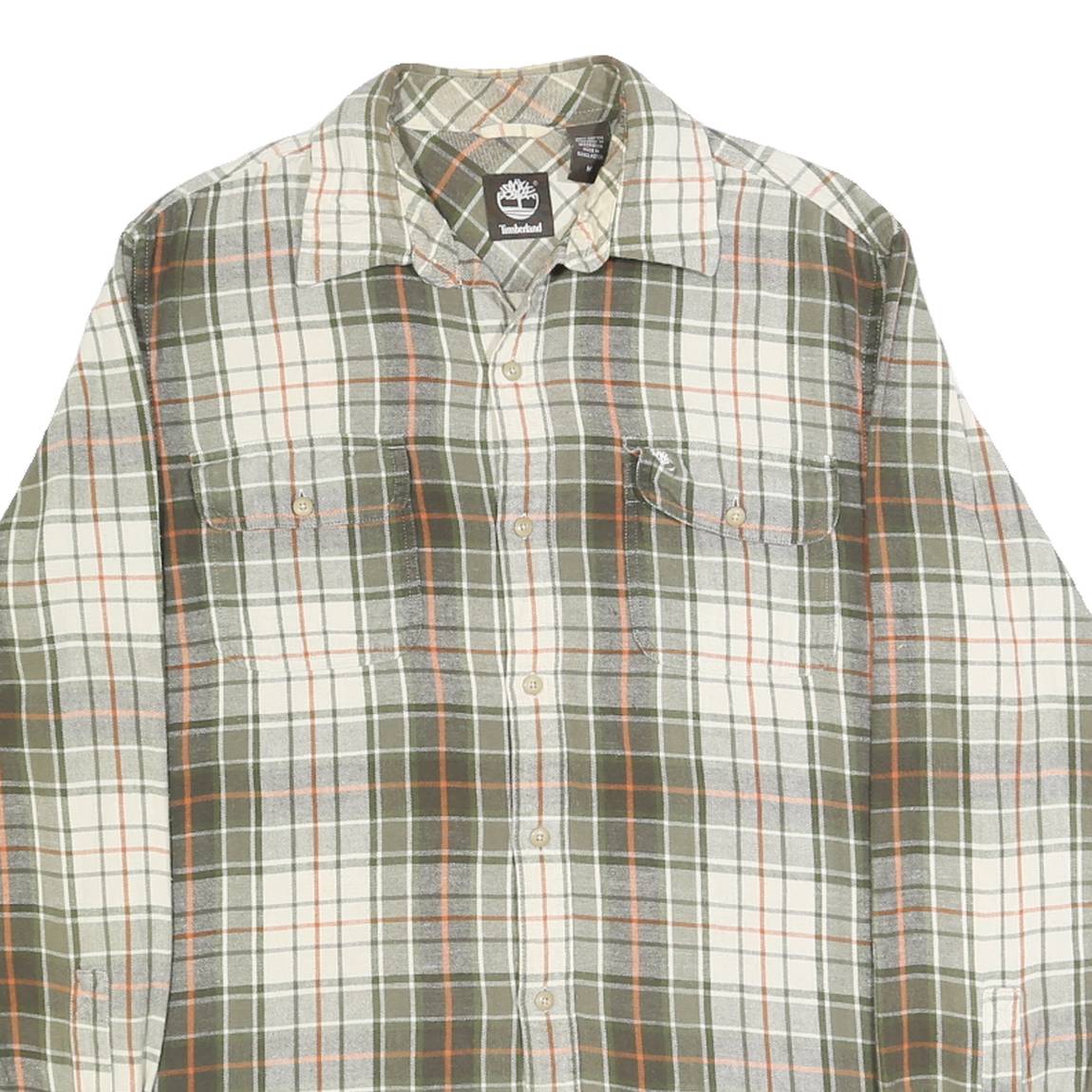 TIMBERLAND Mens Green & Cream Check Shirt M Cotton Casual Relaxed Fit Long