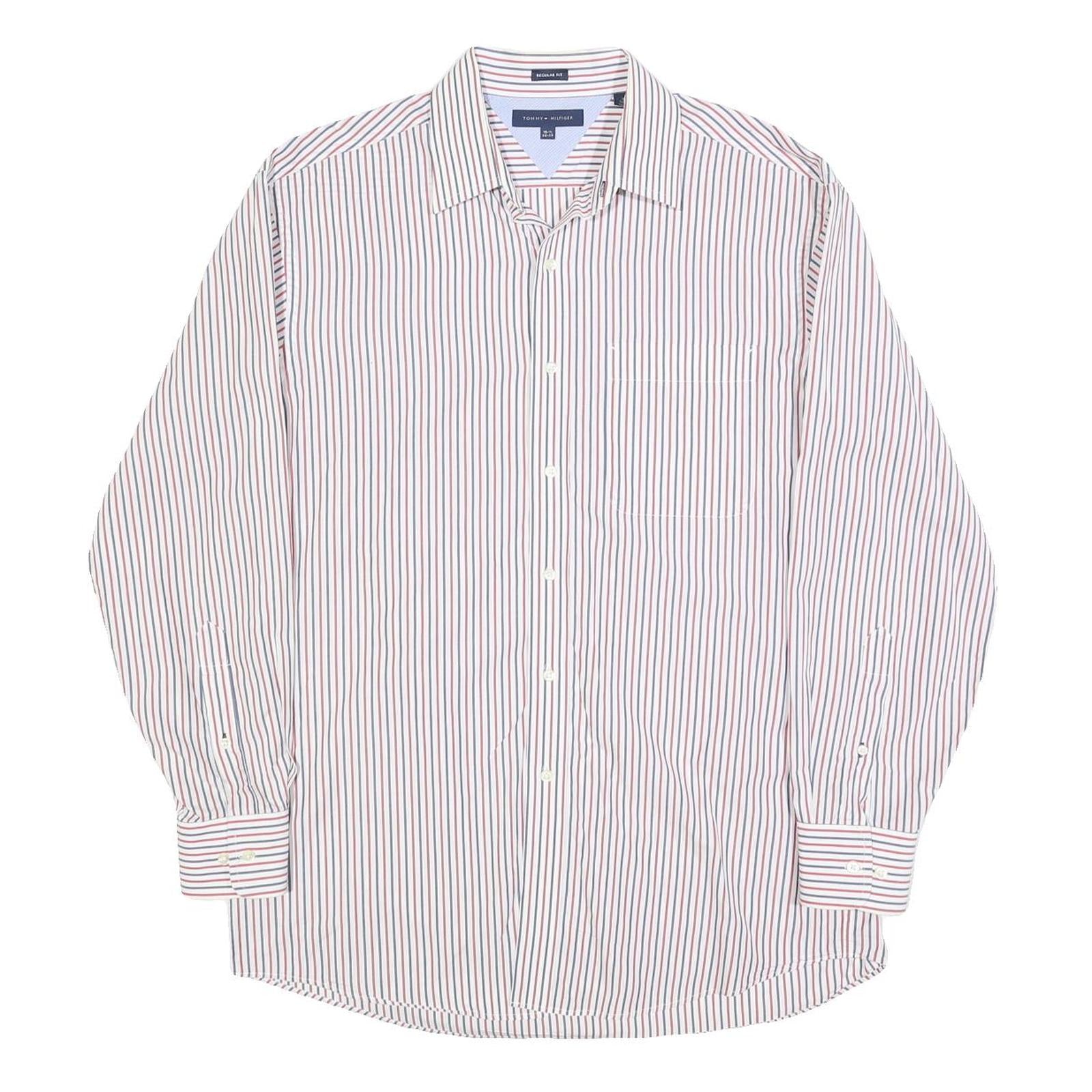 TOMMY HILFIGER Mens White Red Blue Striped Shirt L Classic Button Shirt