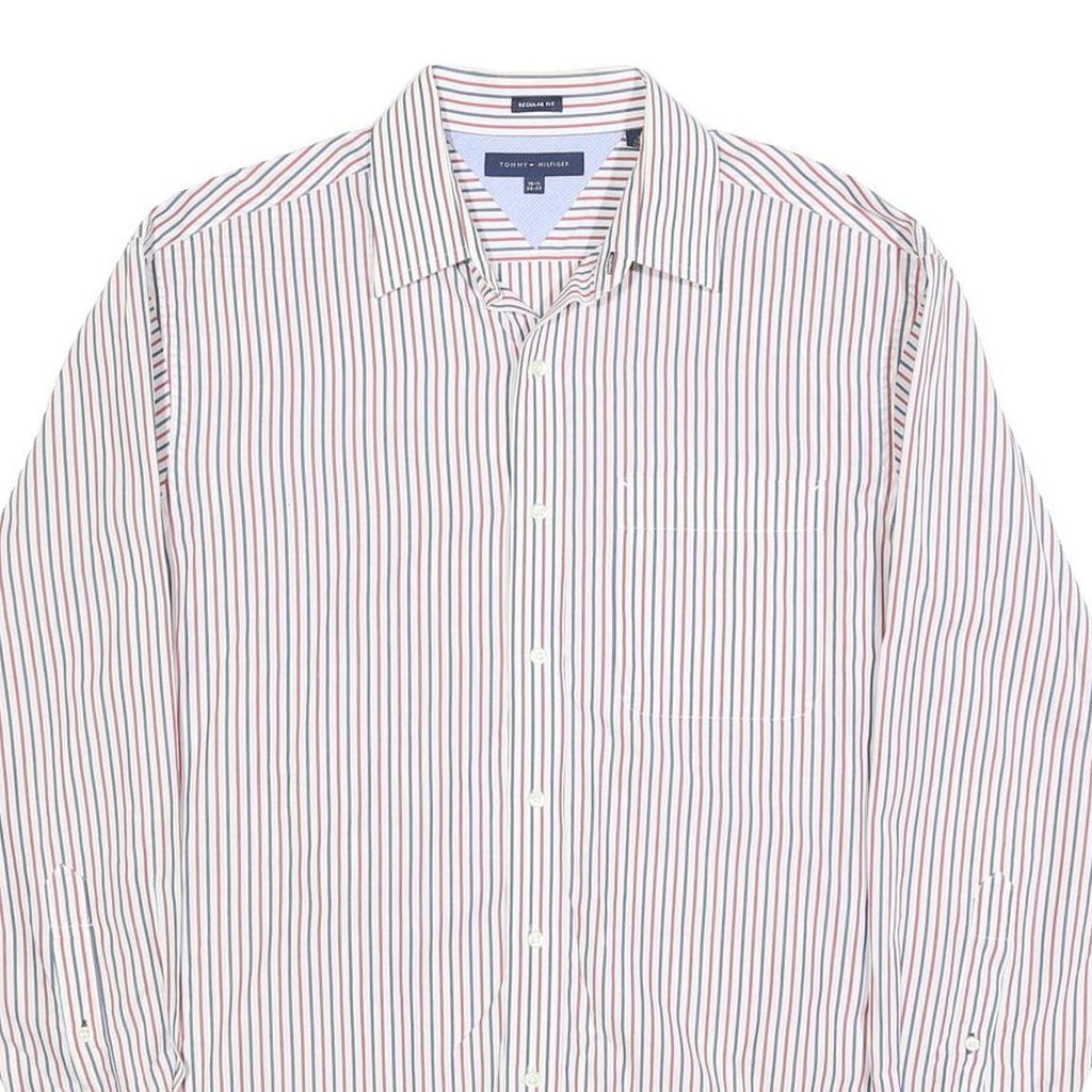 TOMMY HILFIGER Mens White Red Blue Striped Shirt L Classic Button Shirt