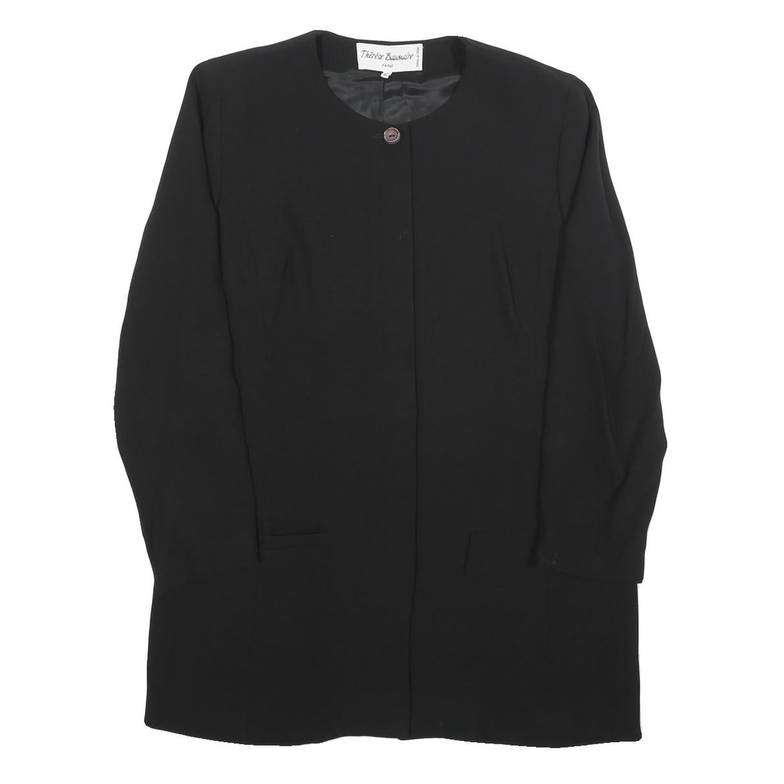 THERESE BAUMAIRE Womens Black Wool Blend Round Neck Jacket M Plain Button