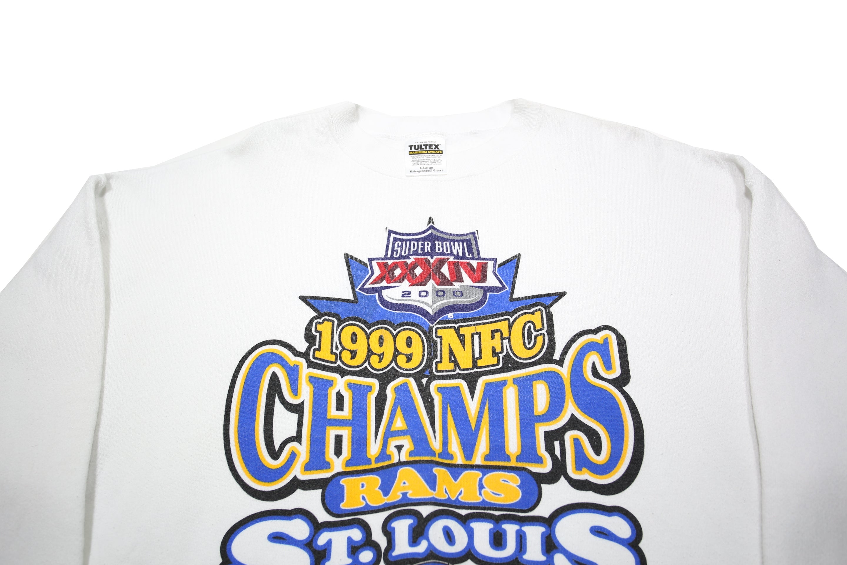 TULTEX Mens White 1999 NFC Champs St Louis Rams Crew Neck XL Football Sweatshirt