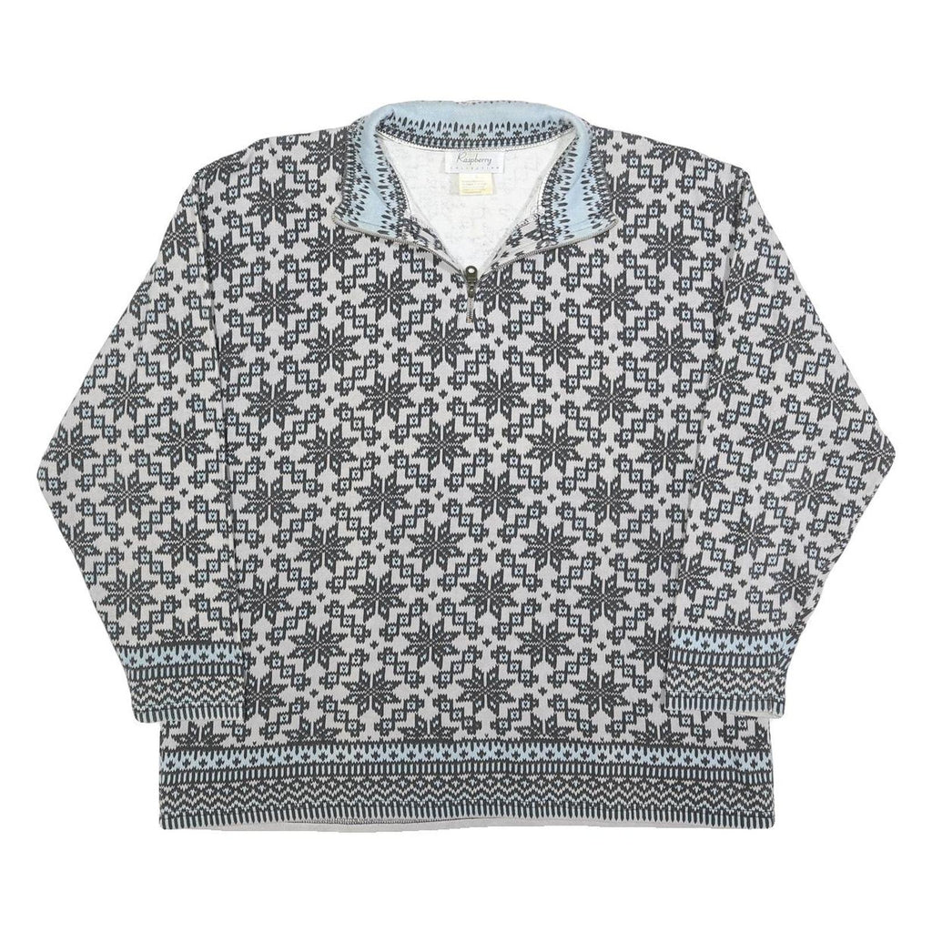 RASPBERRY Womens Grey & Blue Zip Neck L Fair Isle Knit Sweatshirt