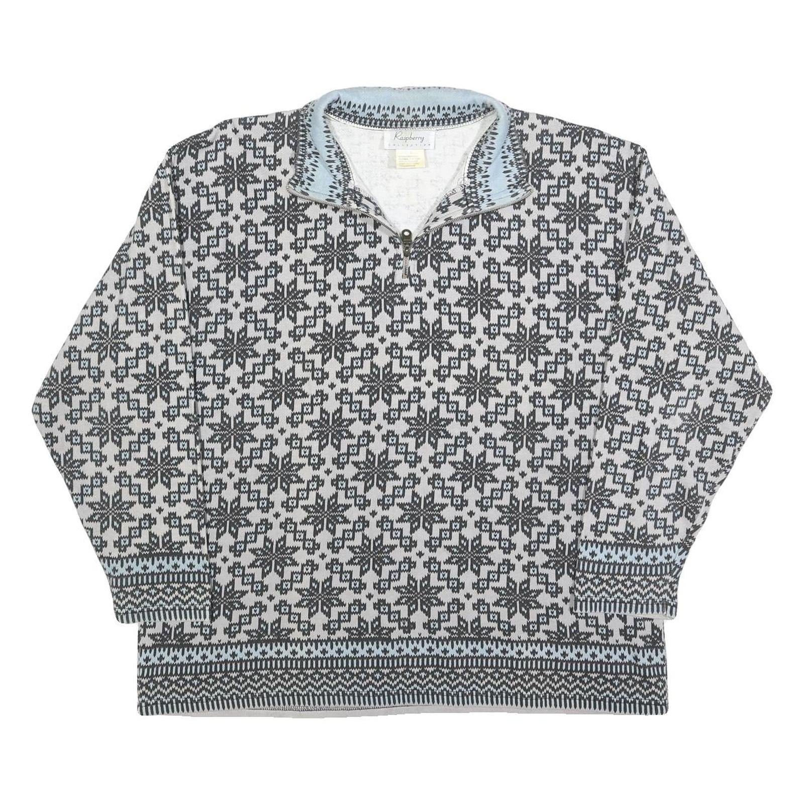 RASPBERRY Womens Grey & Blue Zip Neck L Fair Isle Knit Sweatshirt