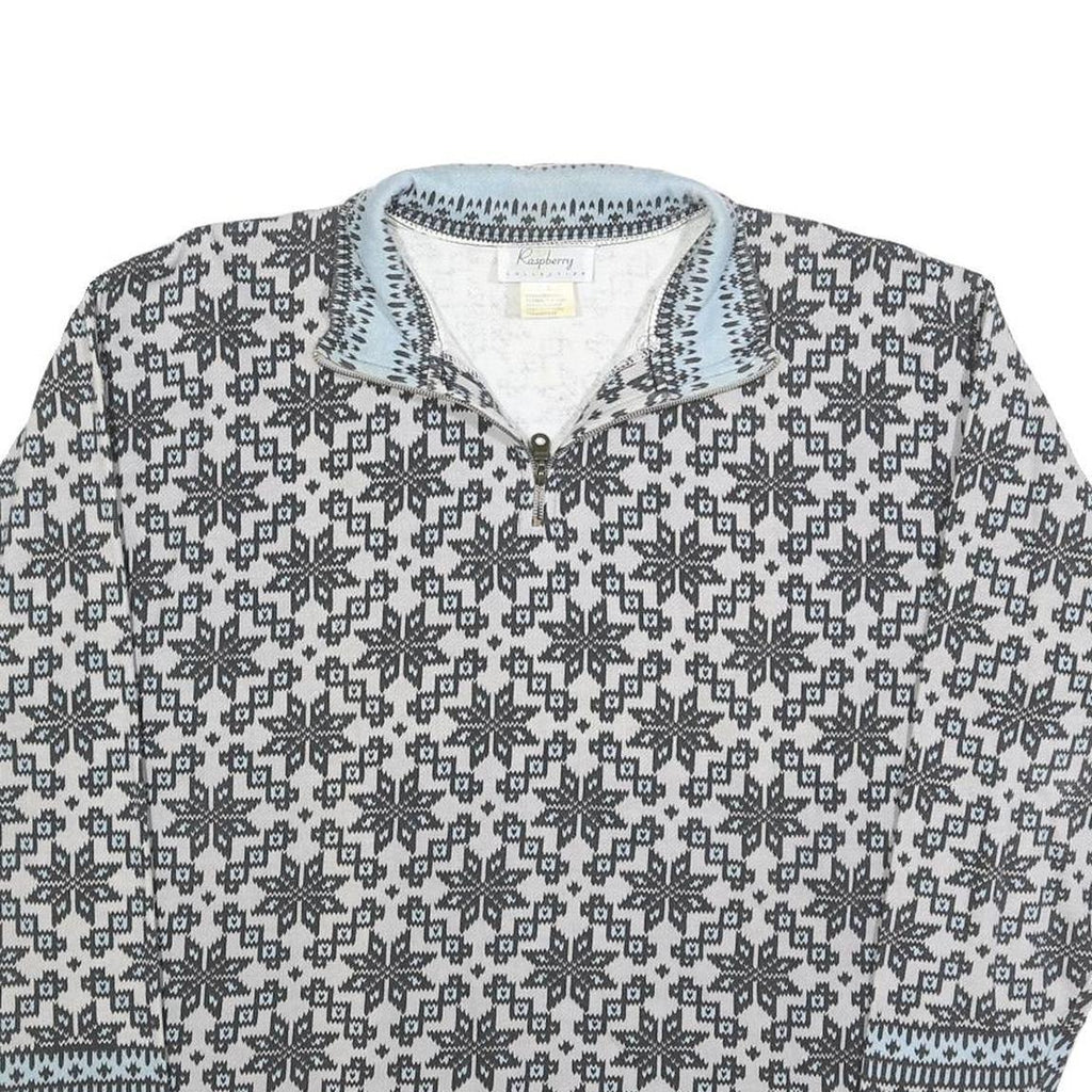 RASPBERRY Womens Grey & Blue Zip Neck L Fair Isle Knit Sweatshirt