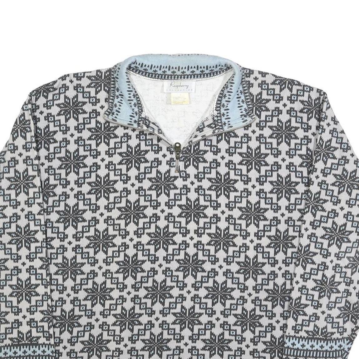 RASPBERRY Womens Grey & Blue Zip Neck L Fair Isle Knit Sweatshirt