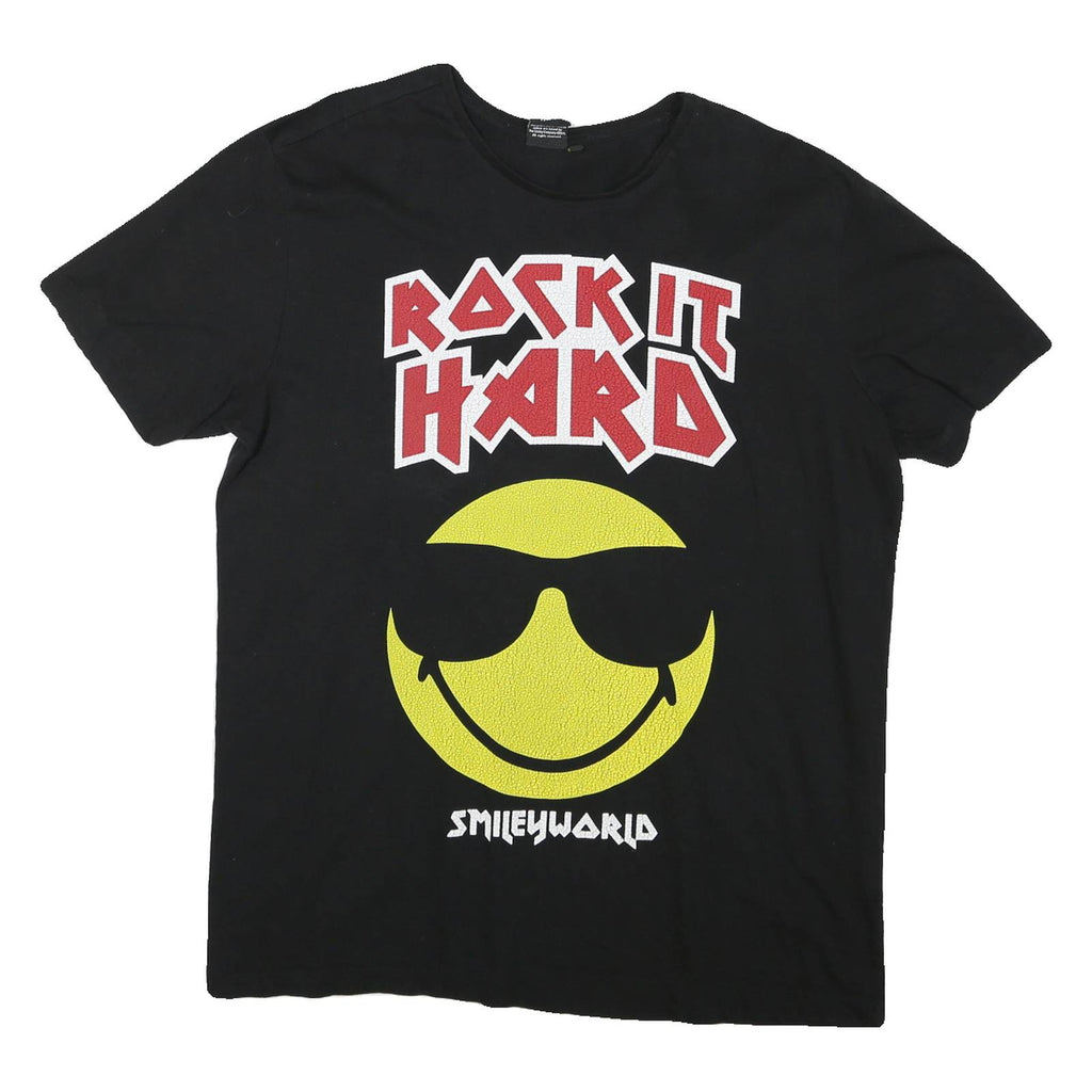Mens Black Rock It Hard Smileyworld Graphic T-Shirt XL Short Sleeve Crew Neck