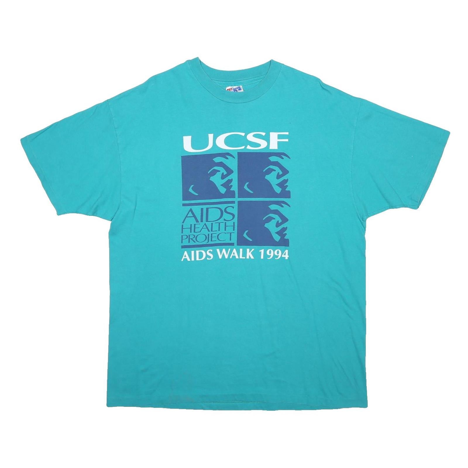 HANES Mens Blue UCSF AIDS Walk 1994 Graphic T-Shirt XL Short Sleeve Crew Neck