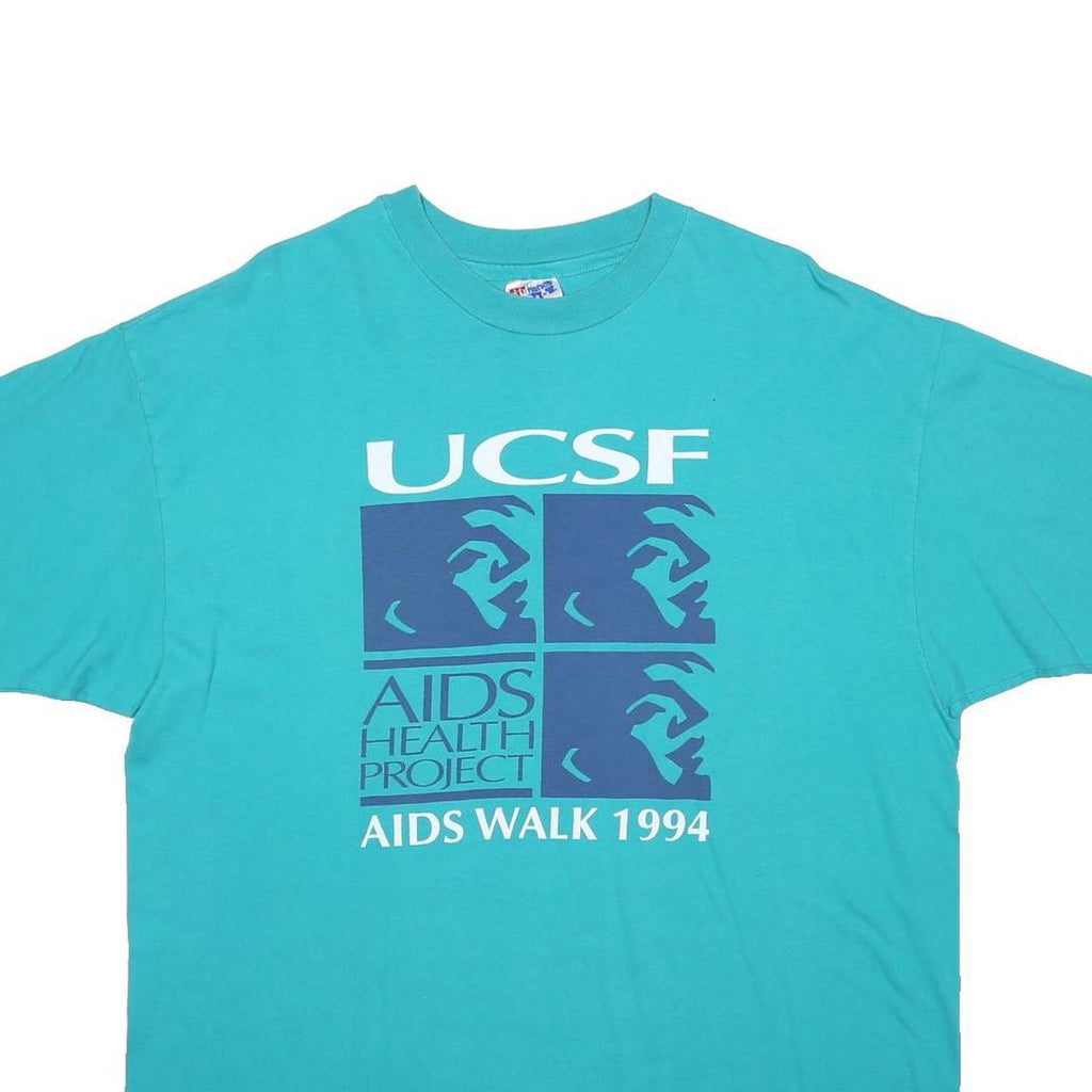 HANES Mens Blue UCSF AIDS Walk 1994 Graphic T-Shirt XL Short Sleeve Crew Neck