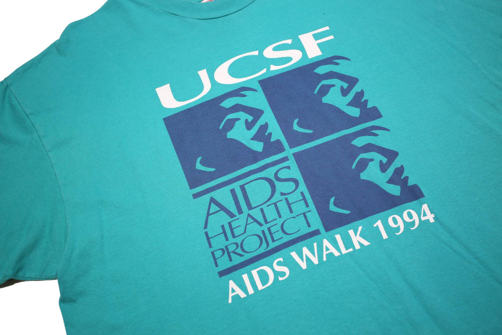 HANES Mens Blue UCSF AIDS Walk 1994 Graphic T-Shirt XL Short Sleeve Crew Neck