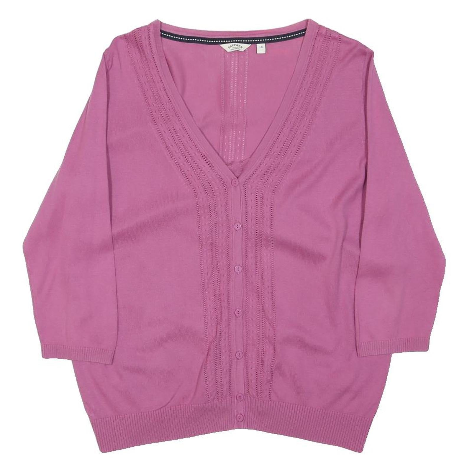 FAT FACE Womens Pink Patterned V-Neck Button Up Jumper Cotton Blend L