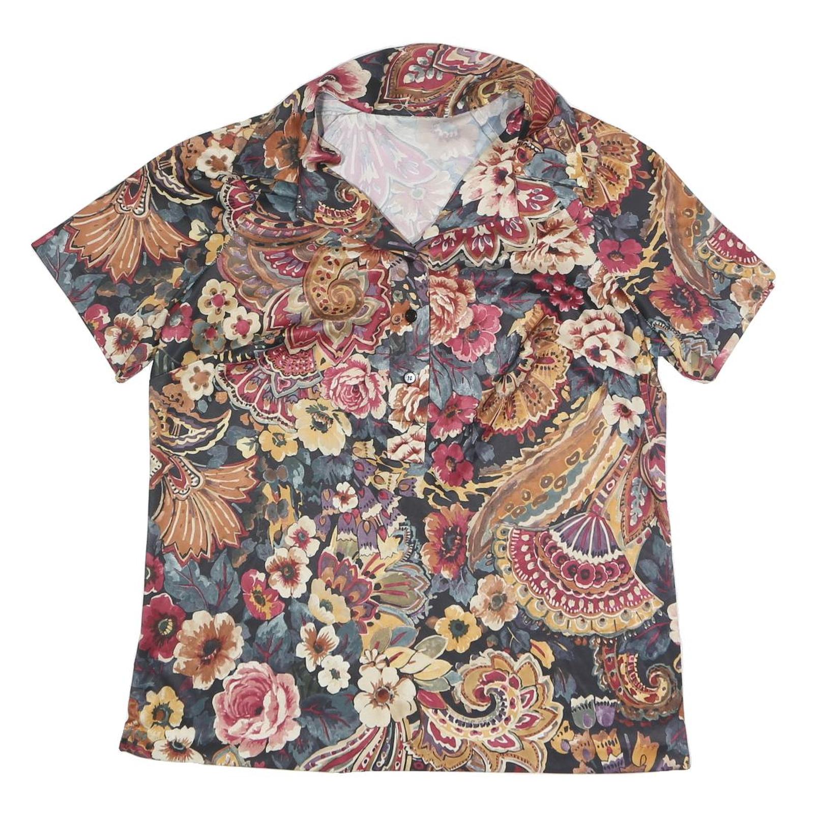 Womens Black Red Floral Printed Viscose Shirt Short Sleeve Collared L