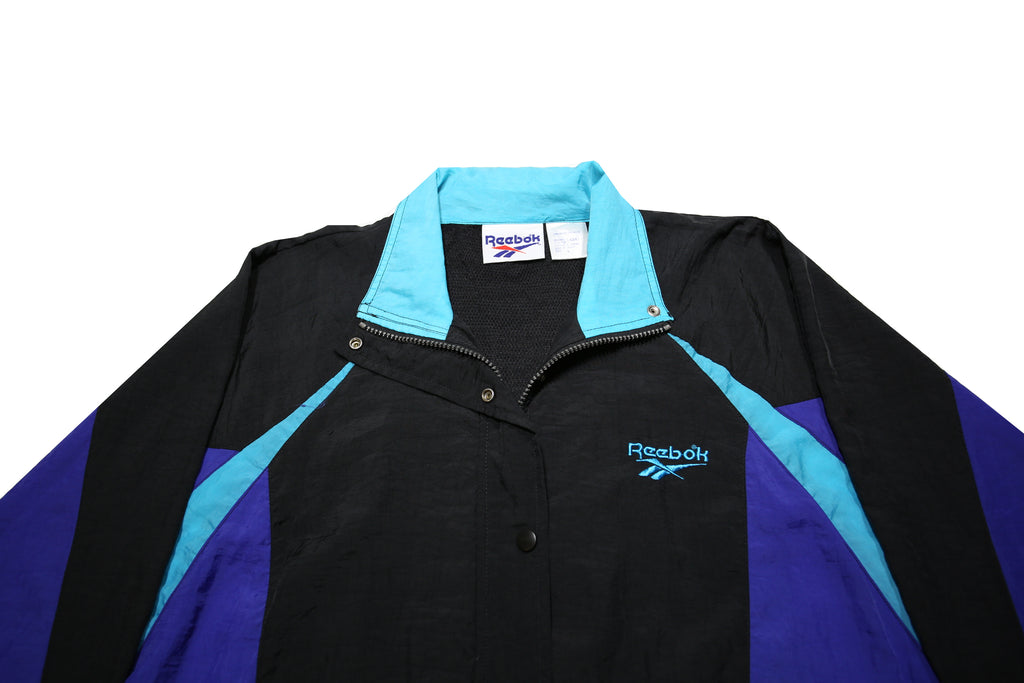 REEBOK Womens Black & Purple Casual Jacket L Nylon Colourblock Zip