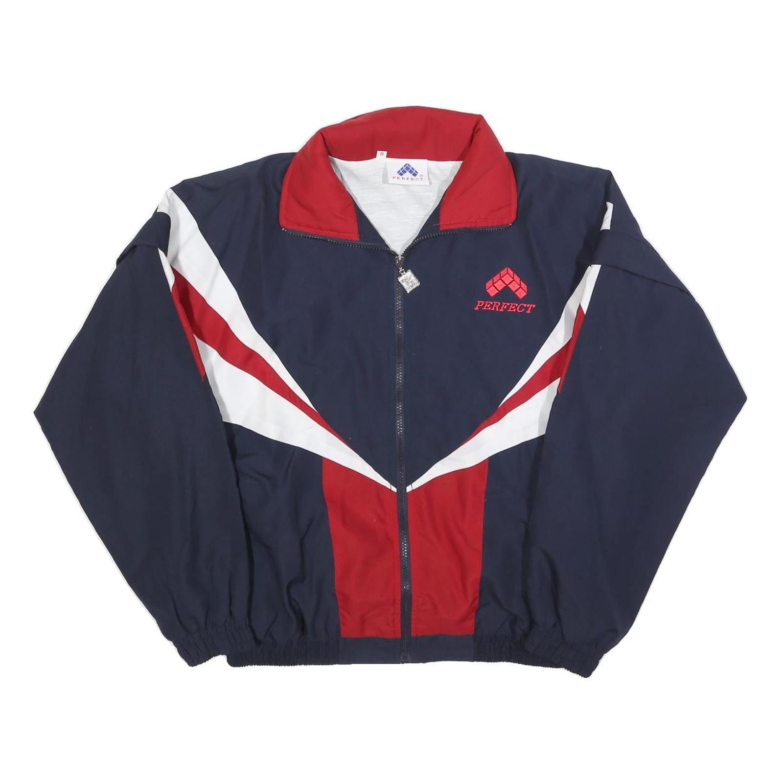 PERFECT Mens Navy Blue & Red Polyester Zip Jacket S Sport Casual Track Style