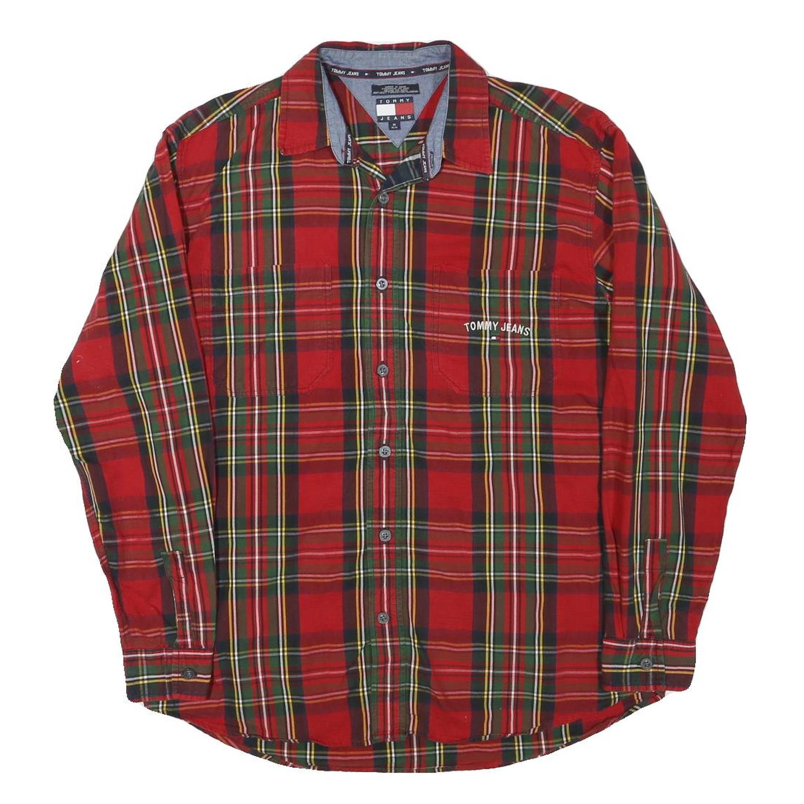 TOMMY HILFIGER Mens Red & Green Plaid Shirt M Long Sleeve Cotton Blend Casual