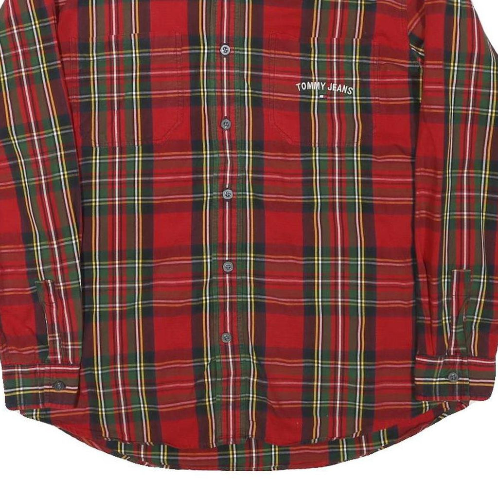 TOMMY HILFIGER Mens Red & Green Plaid Shirt M Long Sleeve Cotton Blend Casual