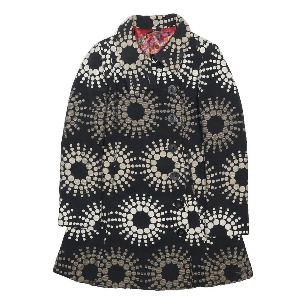 DESIGUAL Womens Black & Beige Printed Button Jacket S Acrylic Blend Patterned