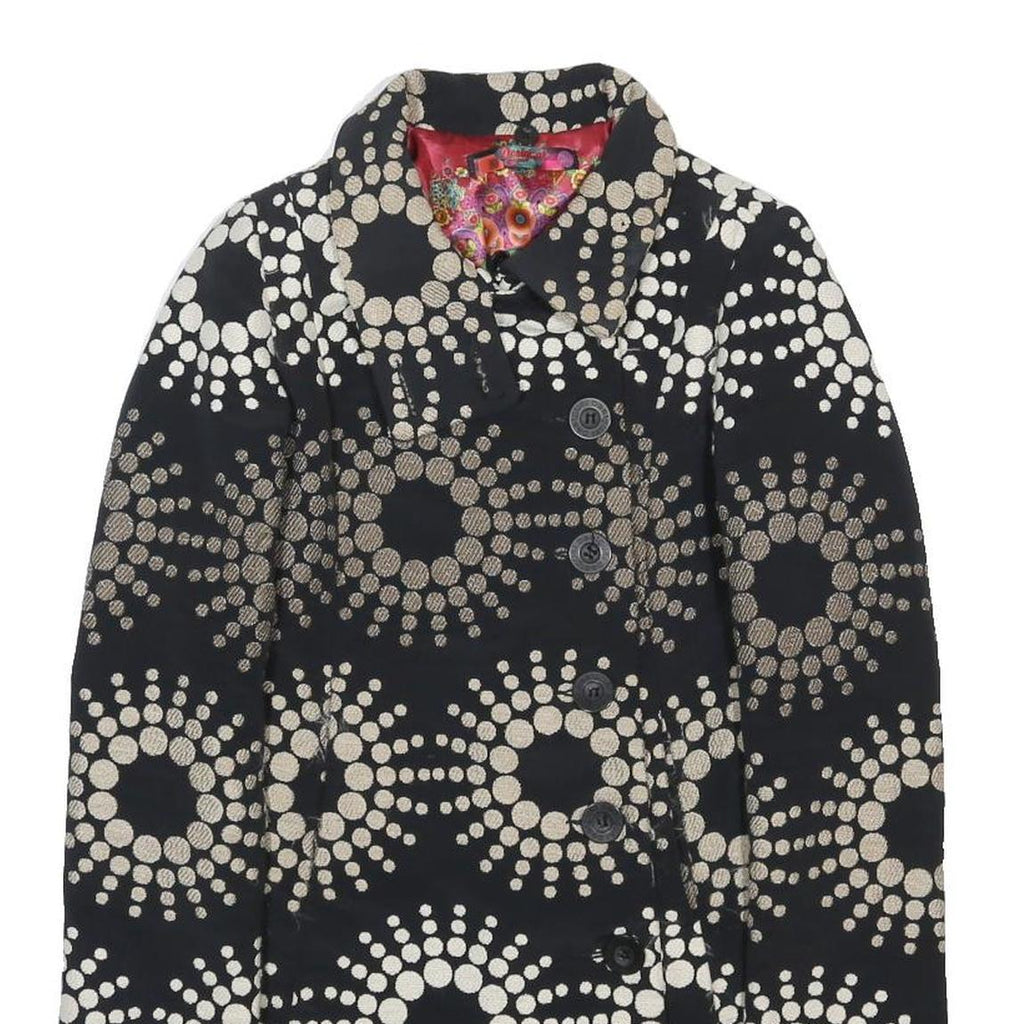 DESIGUAL Womens Black & Beige Printed Button Jacket S Acrylic Blend Patterned