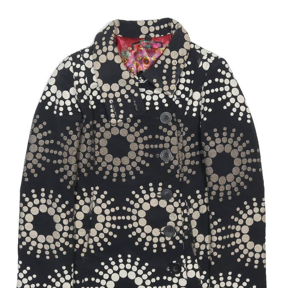 DESIGUAL Womens Black & Beige Printed Button Jacket S Acrylic Blend Patterned