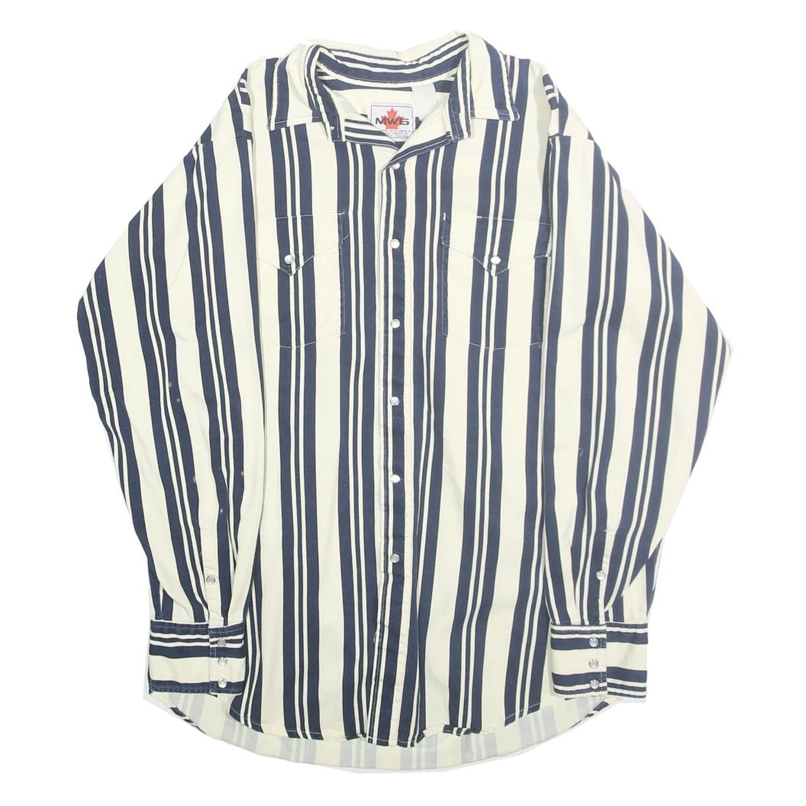MWG Mens White & Blue Striped Shirt S Cotton Classic Long Sleeve Button
