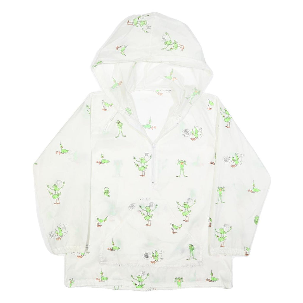 Womens White Green Cartoon Print Hooded Windbreaker Jacket M Polyester