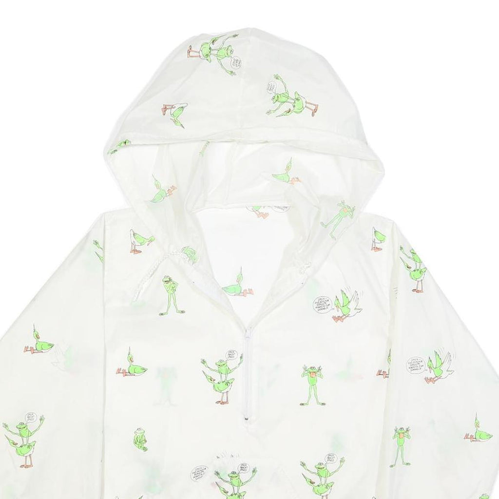 Womens White Green Cartoon Print Hooded Windbreaker Jacket M Polyester
