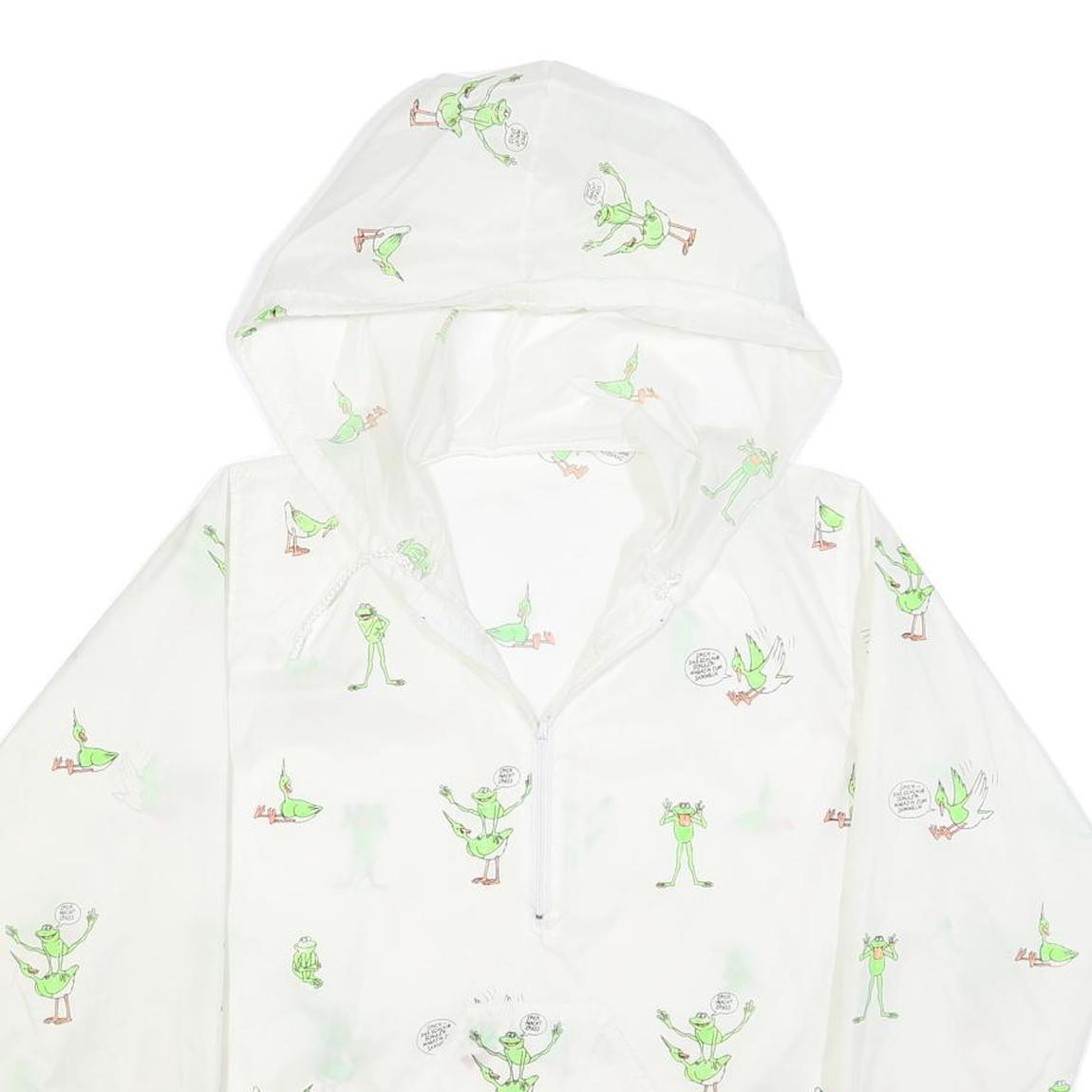 Womens White Green Cartoon Print Hooded Windbreaker Jacket M Polyester