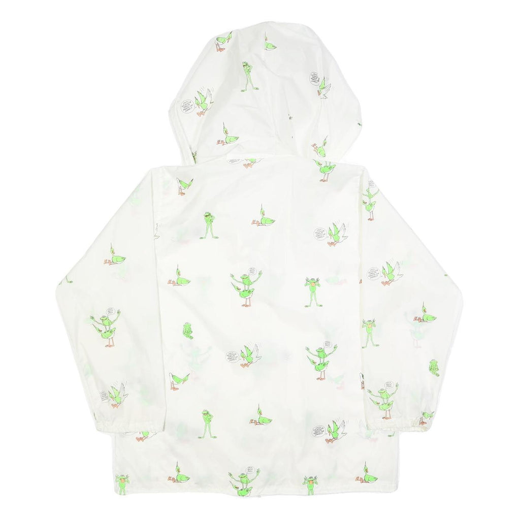 Womens White Green Cartoon Print Hooded Windbreaker Jacket M Polyester