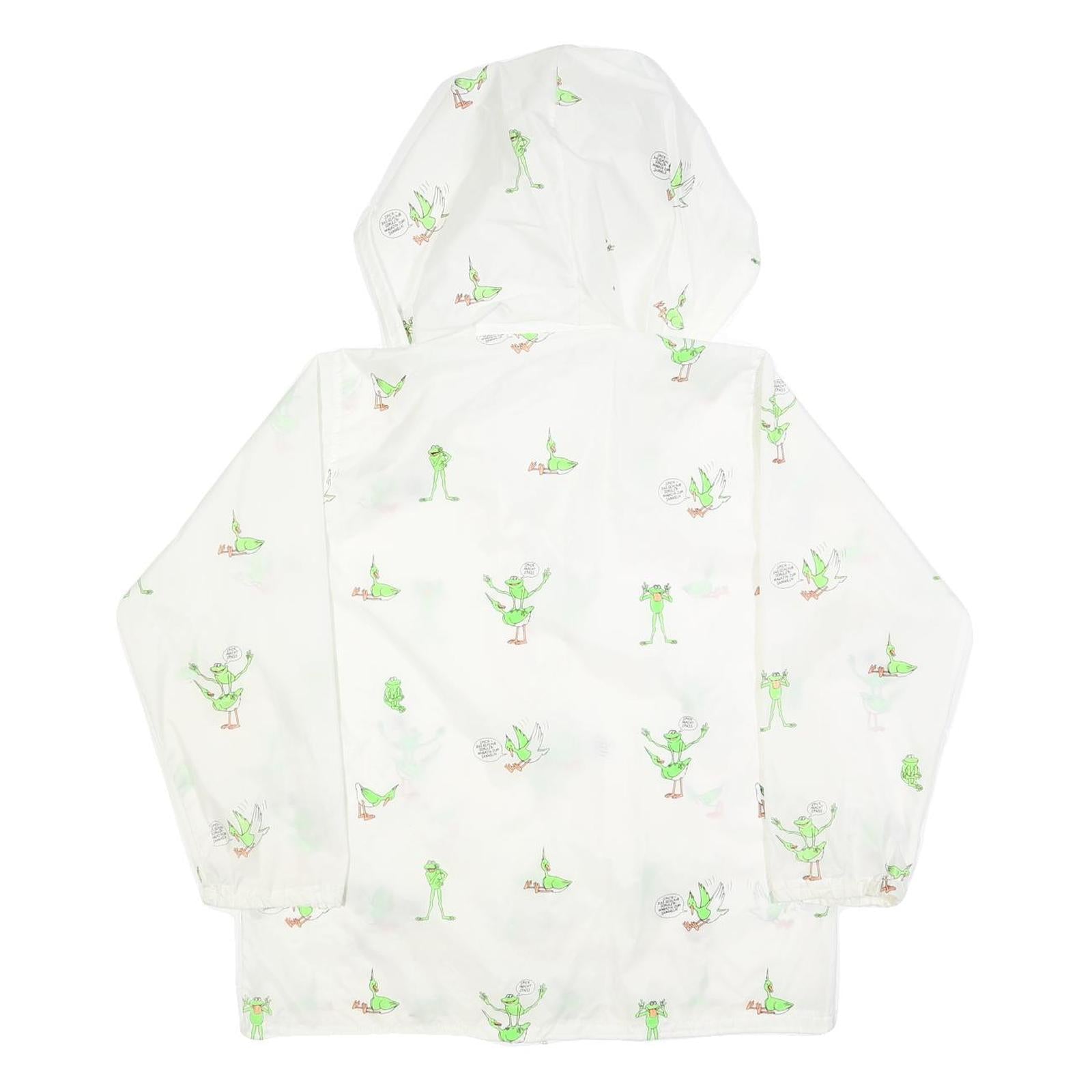 Womens White Green Cartoon Print Hooded Windbreaker Jacket M Polyester