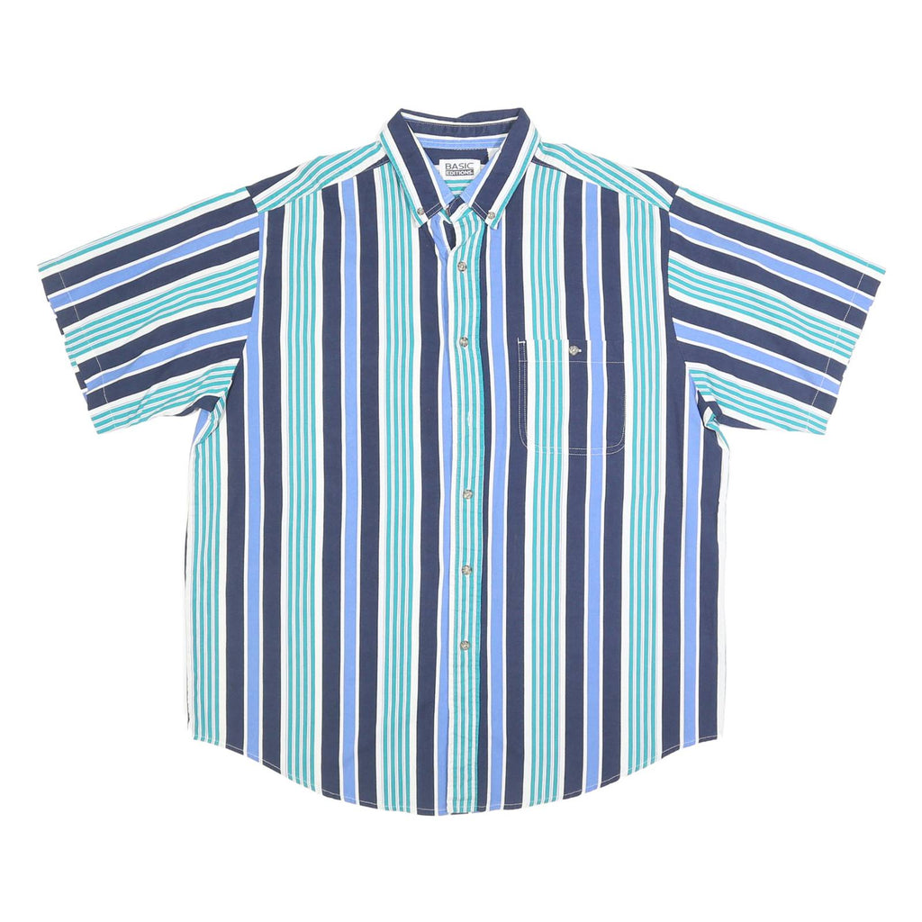 BASIC EDITIONS Mens Blue & Green Striped Button-Down Collar Shirt L Cotton Short