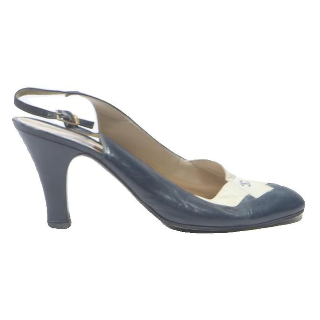 CHANEL Slingback Womens Heels Black & White Leather UK 8 Classic Luxury Elegant