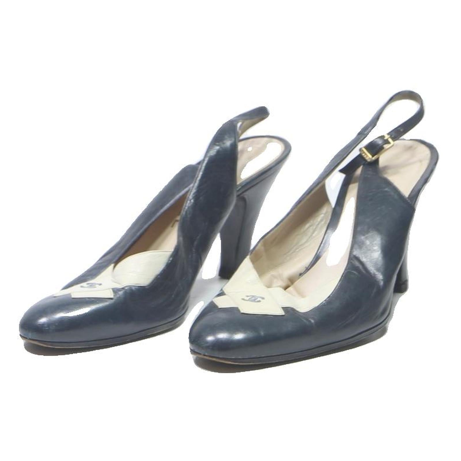 CHANEL Slingback Womens Heels Black & White Leather UK 8 Classic Luxury Elegant