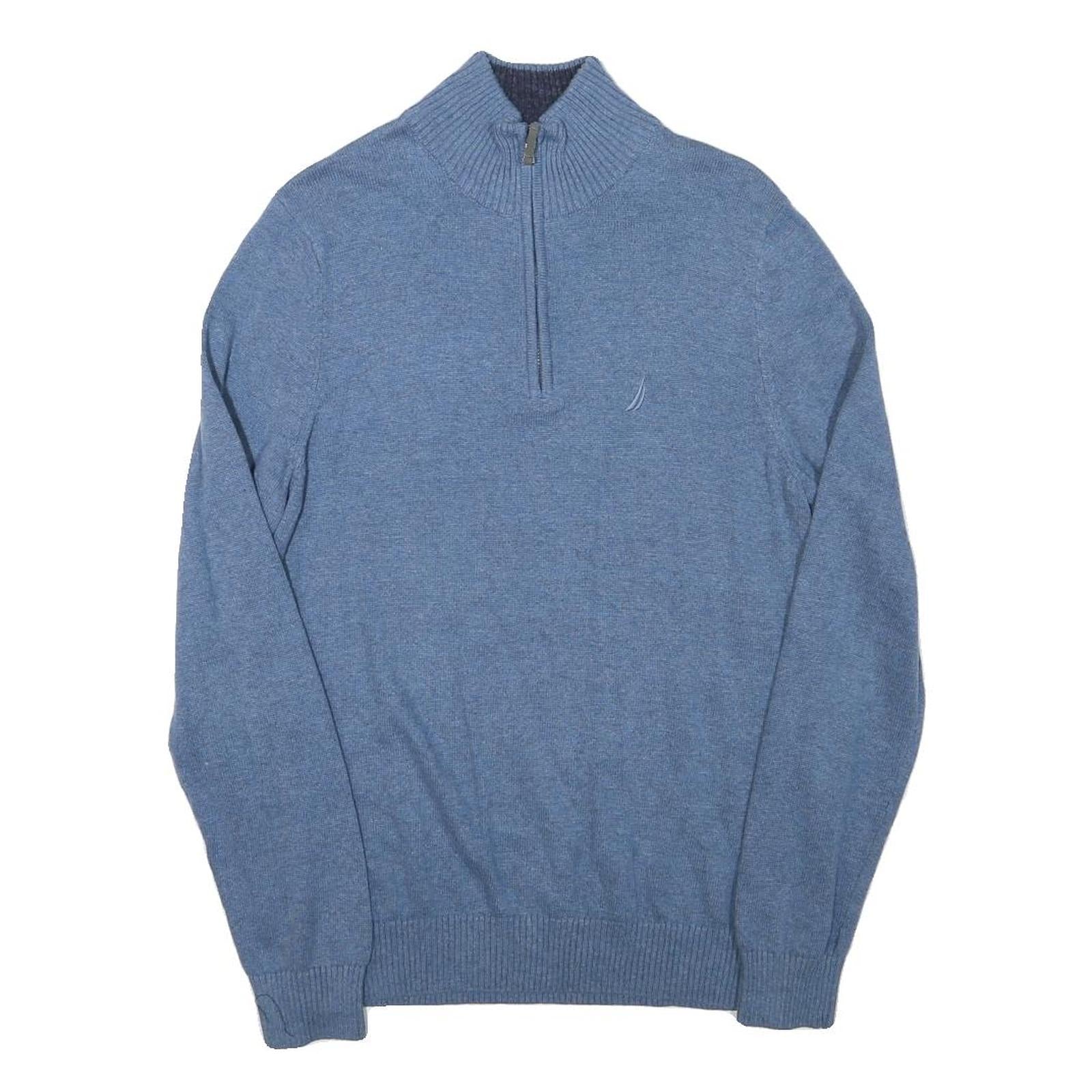 NAUTICA Mens Blue Plain Cotton Blend Pullover Jumper Zip Neck S Lightweight