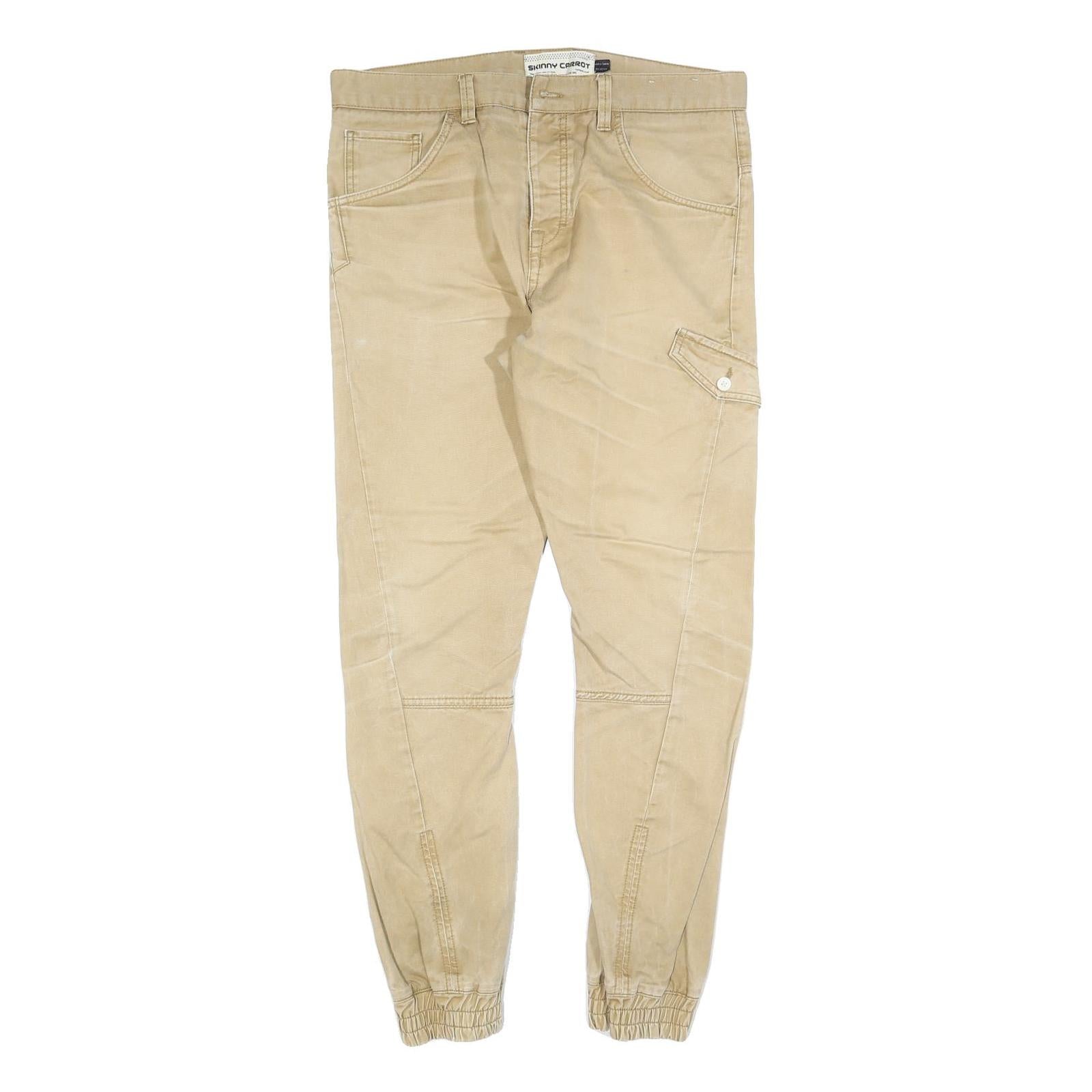 Mens Slim Beige Cotton Blend Trousers W34 L30 Casual Utility Pocket Zip Closure