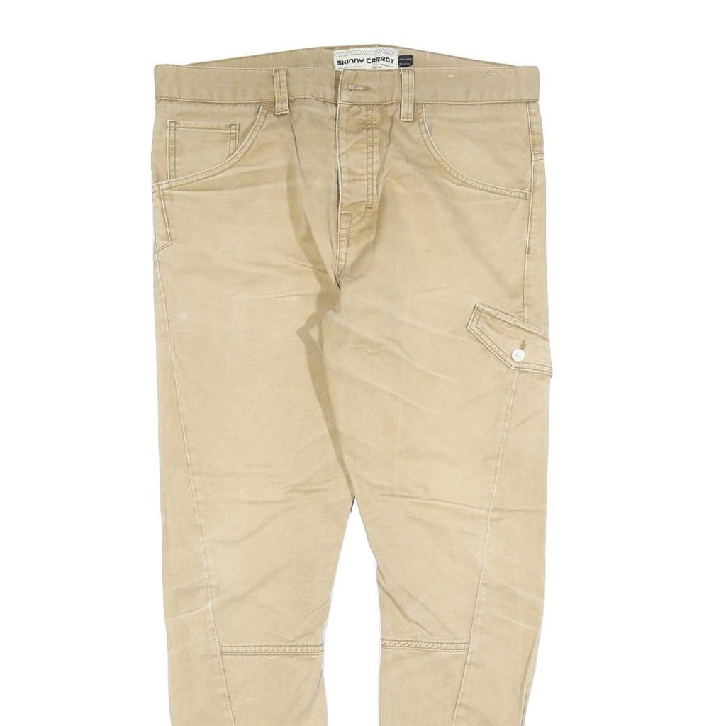 Mens Slim Beige Cotton Blend Trousers W34 L30 Casual Utility Pocket Zip Closure