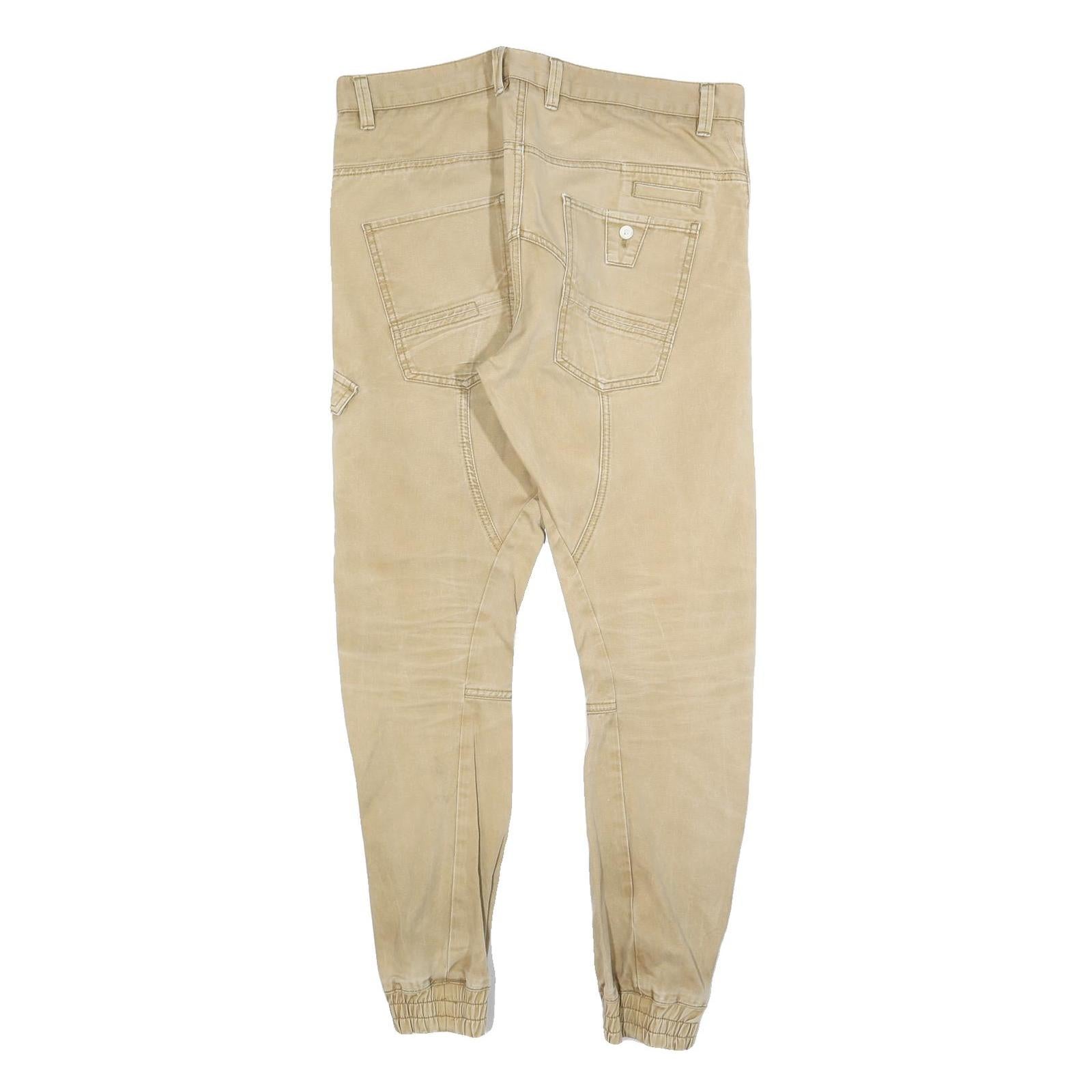 Mens Slim Beige Cotton Blend Trousers W34 L30 Casual Utility Pocket Zip Closure