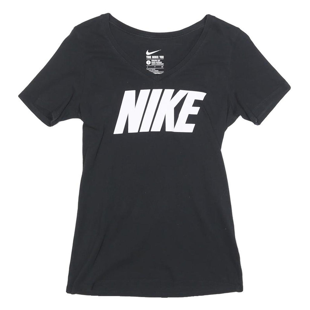 NIKE Womens Black & White Graphic T-Shirt S Short Sleeve V-Neck Logo Print