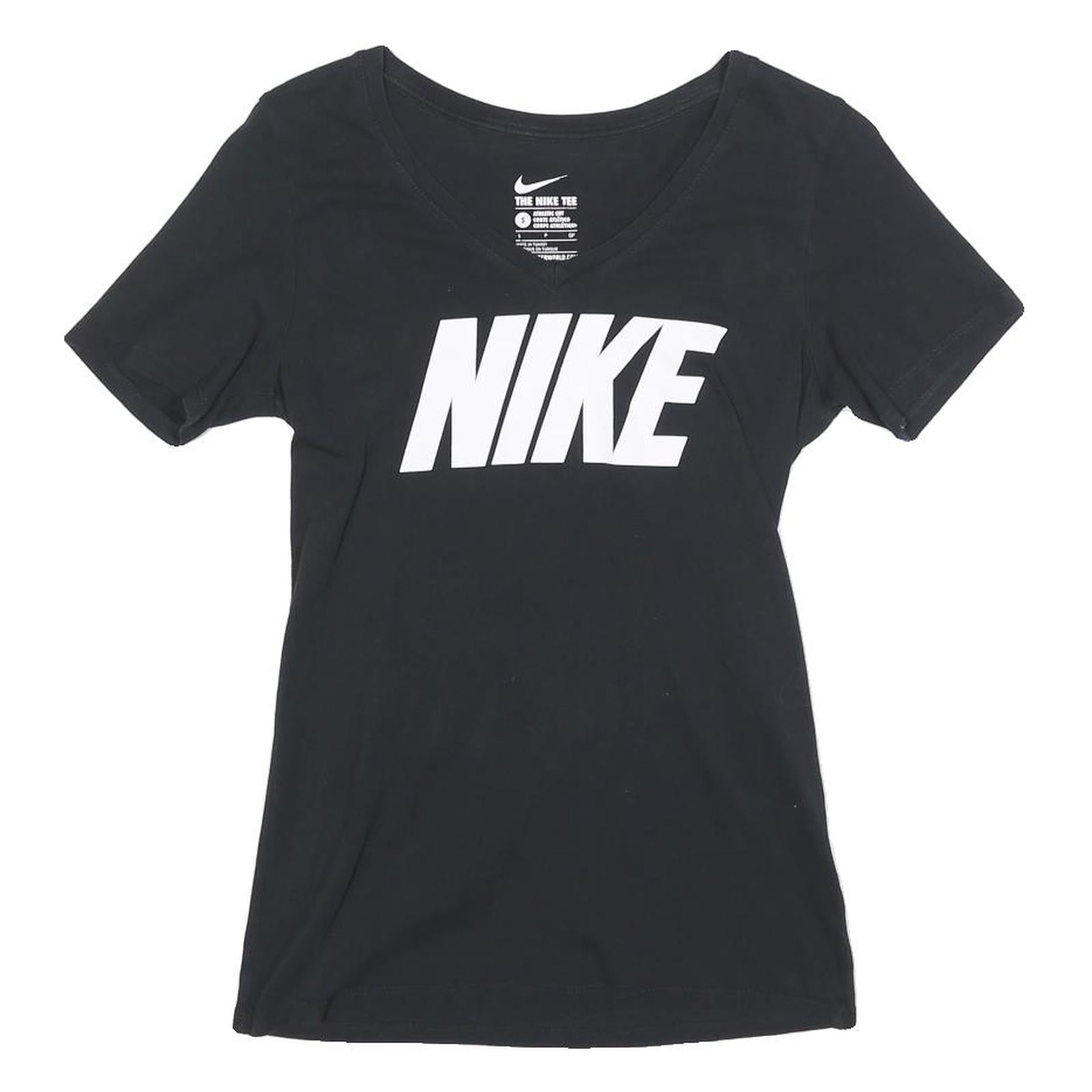 NIKE Womens Black & White Graphic T-Shirt S Short Sleeve V-Neck Logo Print